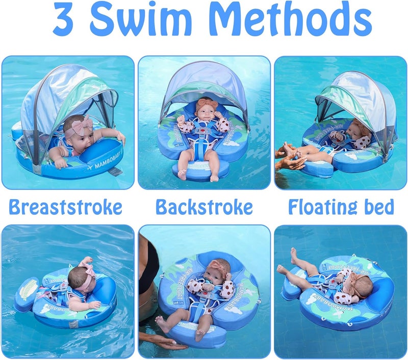 AnjeeIOT Mambobaby Float with Canopy Non Inflatable Baby Pool Float Upgraded Tail Toddler Baby Float with Removable Sun Canopy Safety Swim Float No Flip Over for Age 3-24 Months, Earth Blue - Image 2